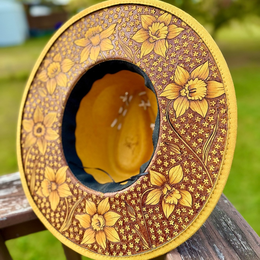 Hand Burned Yellow Suede Daffodil Fedora Hat